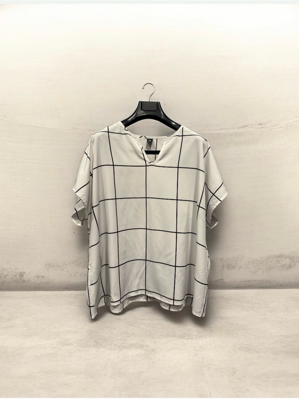 SHEIN White Top with Black Grid Stripes